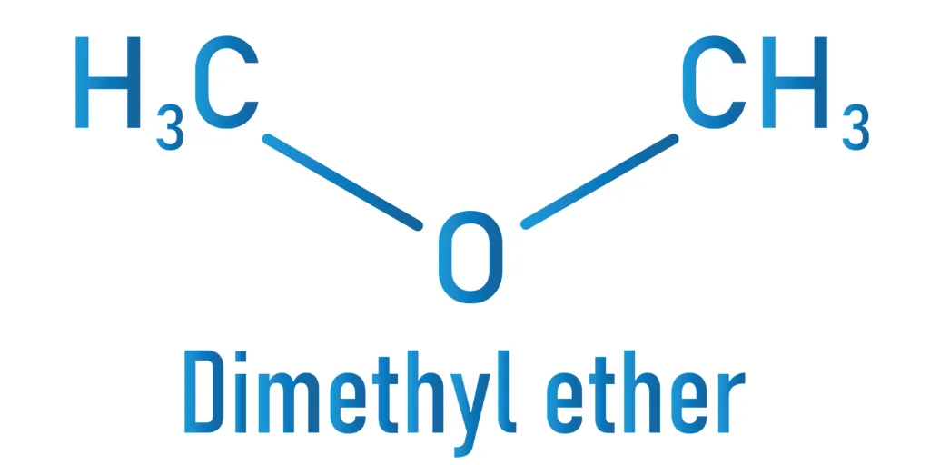 The molecule structure of Dimethyl ether, which includes H3C (methyl), CH3 (a methyl radical), and O (Oxygen).