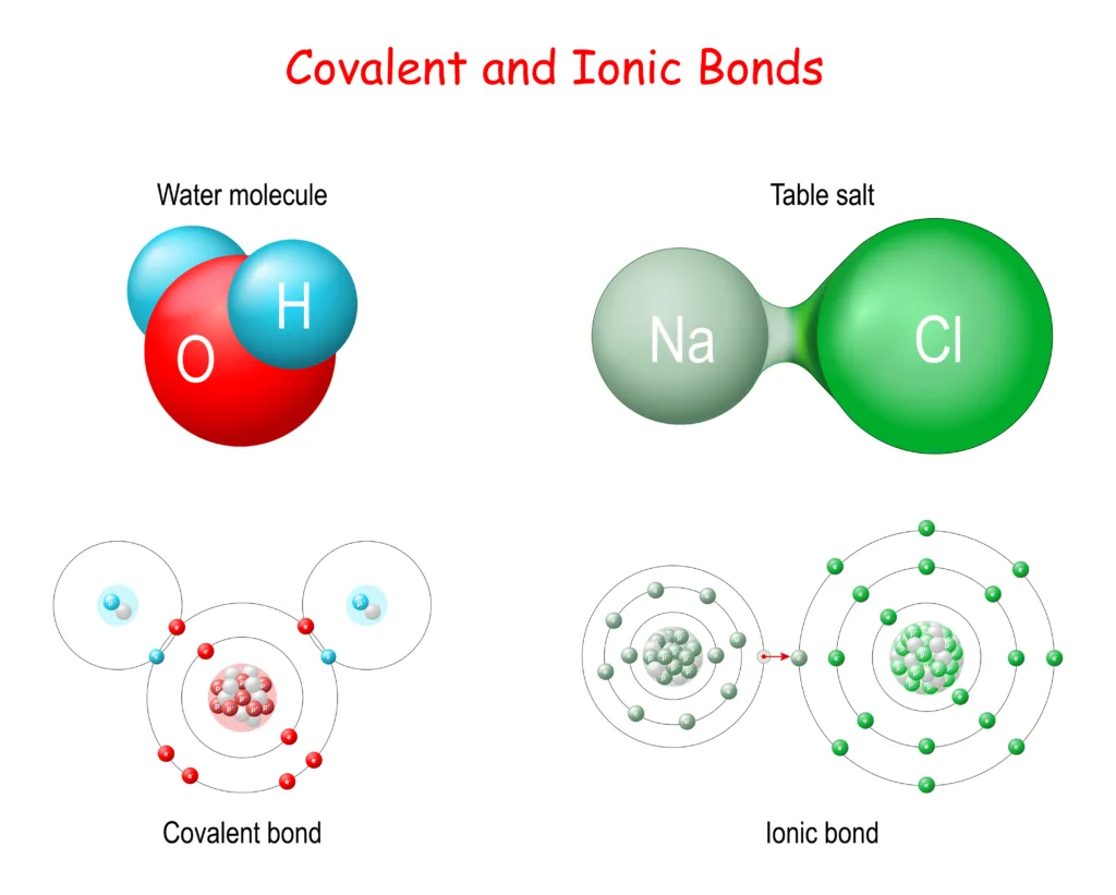 An illustration showing the difference between a covalent and ionic bond. 